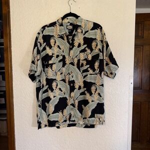 Tommy Bahama Mens S Black Tropical Ginger Flower Palm Rayon Button Down‎ Shirt